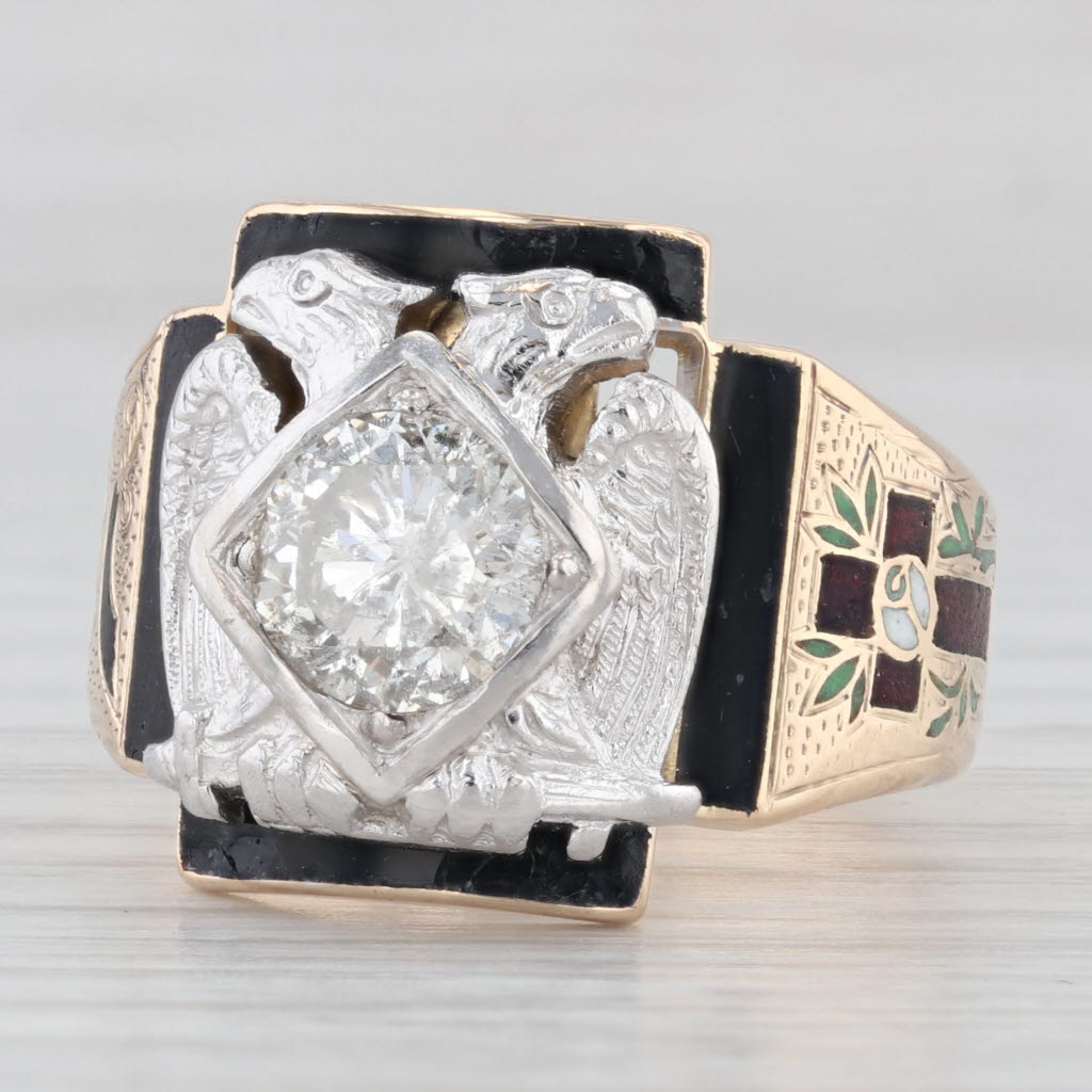 Light Gray Antique 1.52ct Diamond Scottish Rite Ring 14k Gold Eagle Signet 32nd Degree