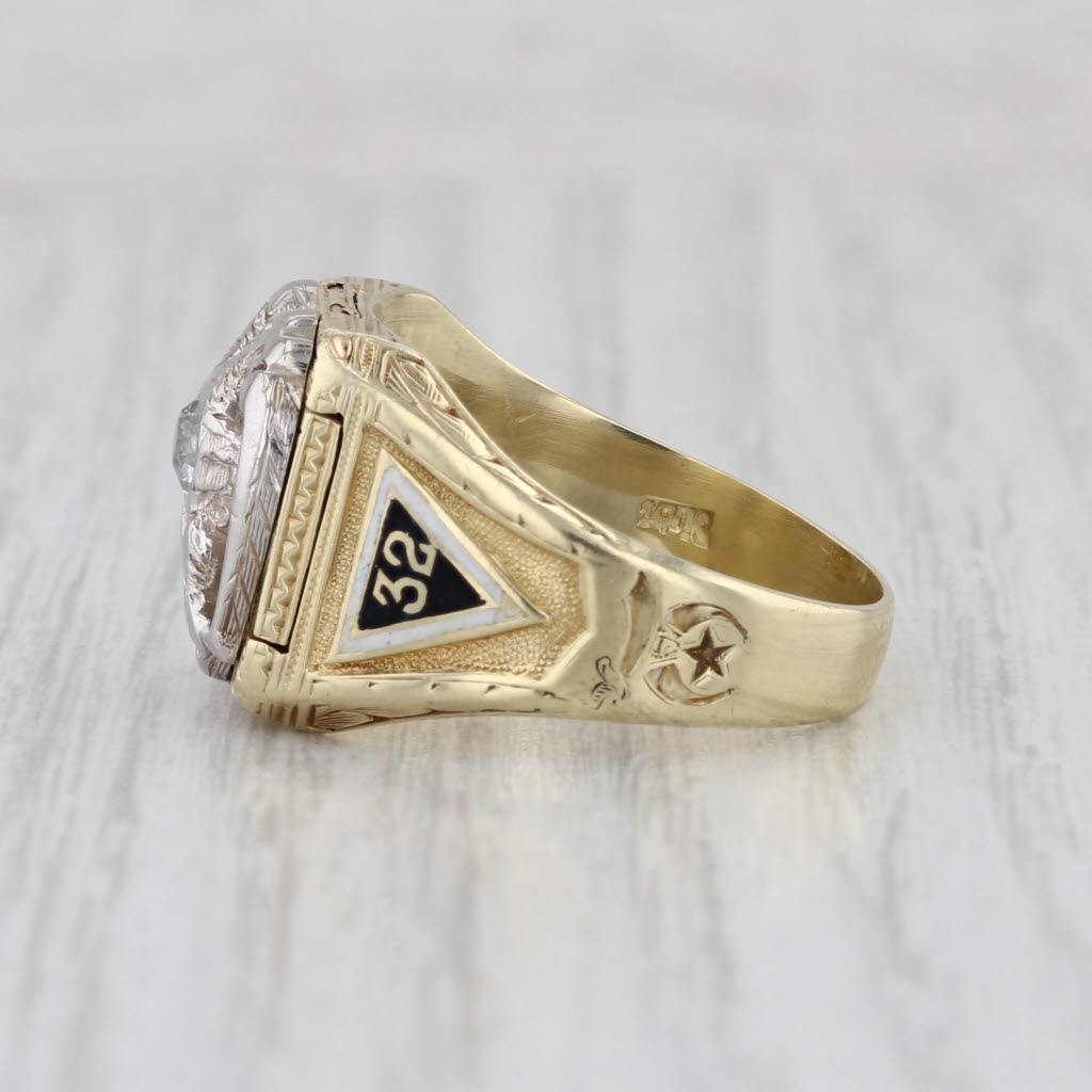 Vintage Diamond Masonic Scottish Rite Signet Ring 14k Gold Size 9.25-9.5