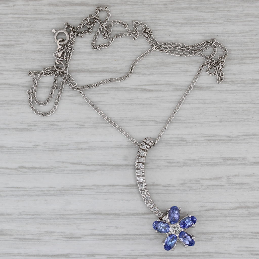 Gray 1.50ctw Tanzanite Diamond Flower Pendant Necklace 14k White Gold 18" Curb Chain