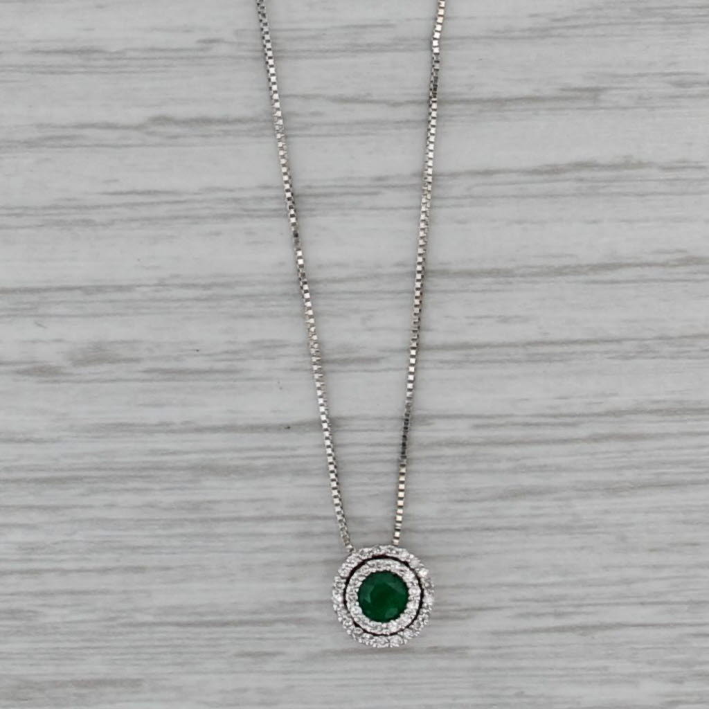 0.40ctw Emerald Diamond Halo Pendant Necklace 14k White Gold 17" Box Chain
