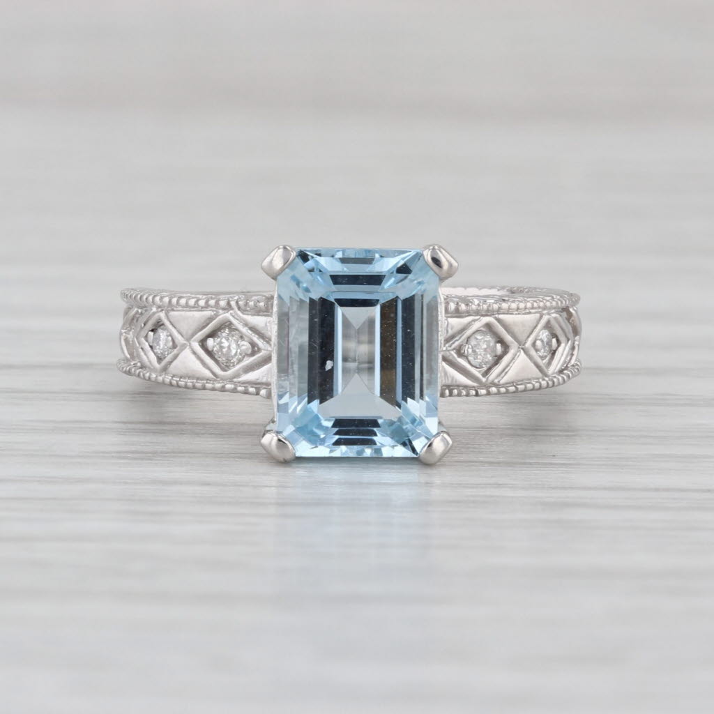 2.06ctw Emerald Cut Aquamarine Diamond Ring 14k White Gold Size 5.5