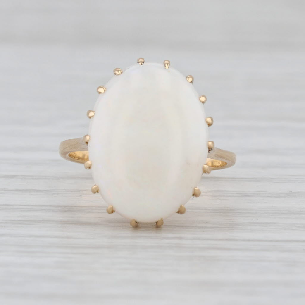 Oval Cabochon White Opal Solitaire Ring 18k Yellow Gold Size 5.75