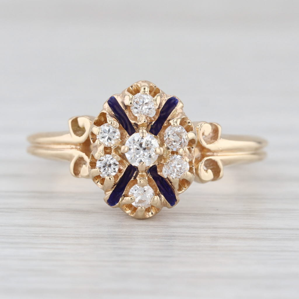 Antique Diamond Ring 14k Yellow Gold Enamel Size 8 Engagement