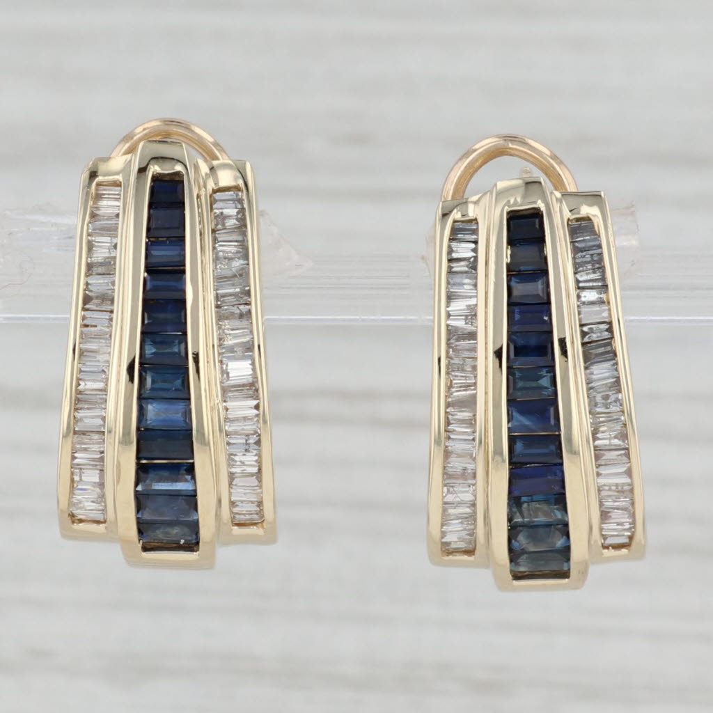 Gray 3ctw Blue Sapphire Diamond J-Hook Earrings 14k Yellow Gold Pierced Omega Backs