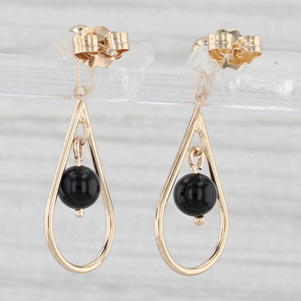 Light Gray Onyx Teardrop Earrings 14k Yellow Gold Pierced Dangles