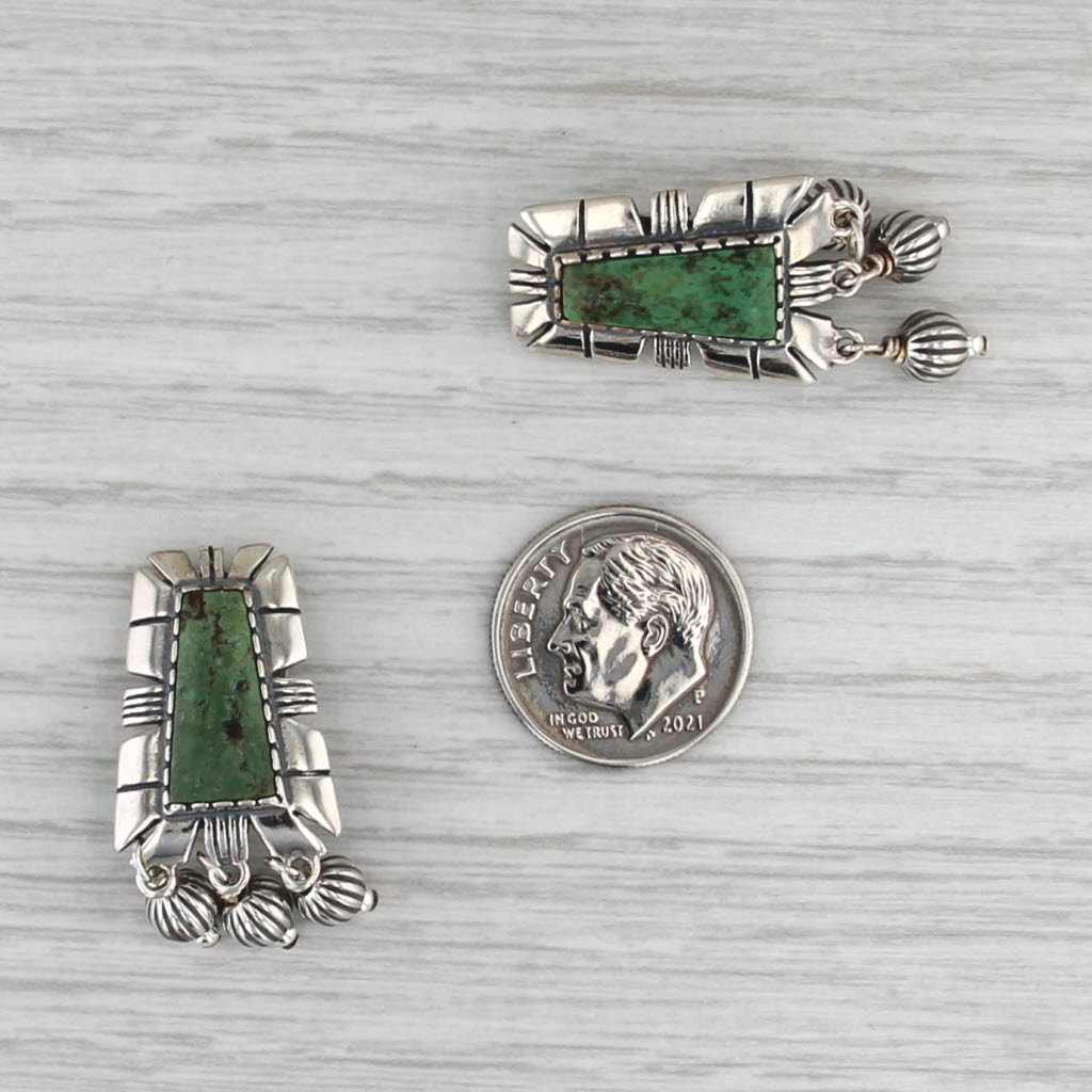 Green Stone Clip On Earrings Sterling Silver Bead Fringe Carolyn Pollack