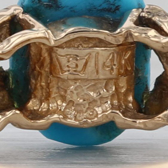 Oval Cabochon Turquoise Ring 14k Yellow Gold Ornate Floral Size 7