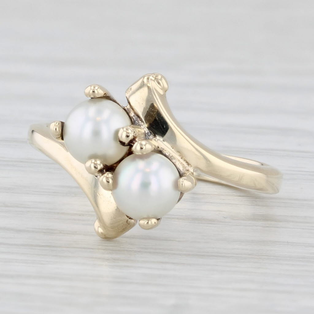 Light Gray Vintage Cultured Pearl Bypass Ring 10k Yellow Gold Size 4.5