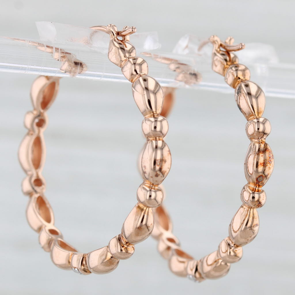 Light Gray New Beveled Diamond Hoop Earrings 10k Rose Gold Snap Top Round Hoops