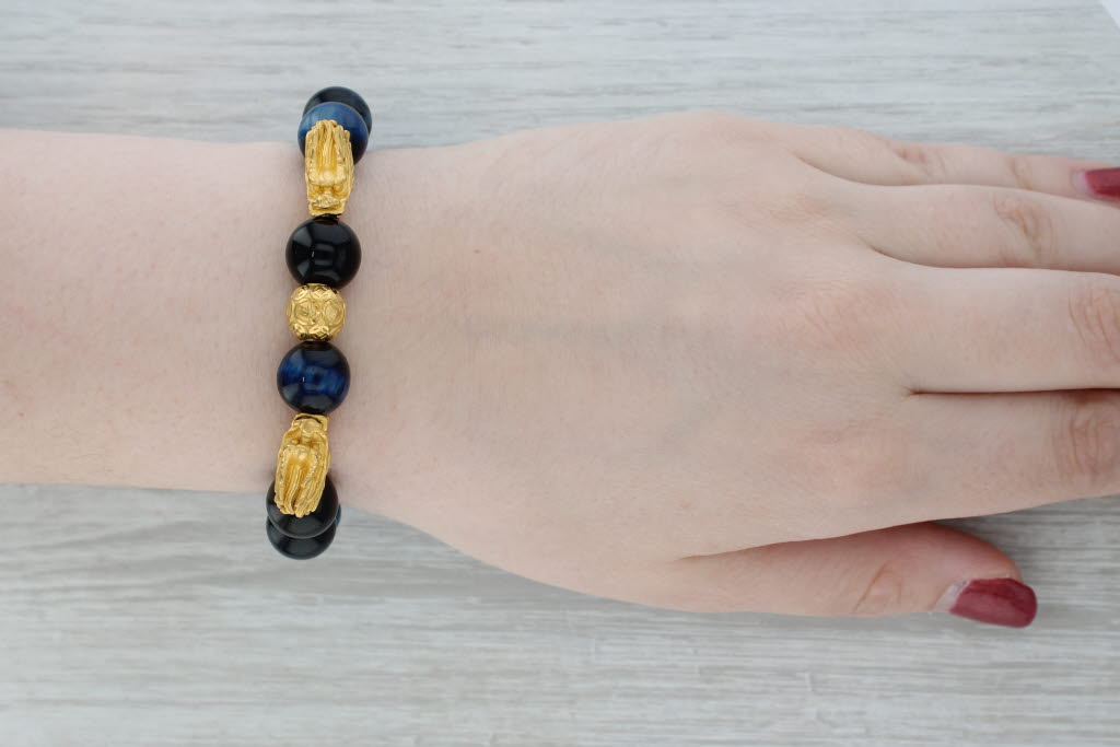 Gray Gold Dragon Stretchable Bead Bracelet Blue Tiger's Eye Onyx Obsidian 6.75"