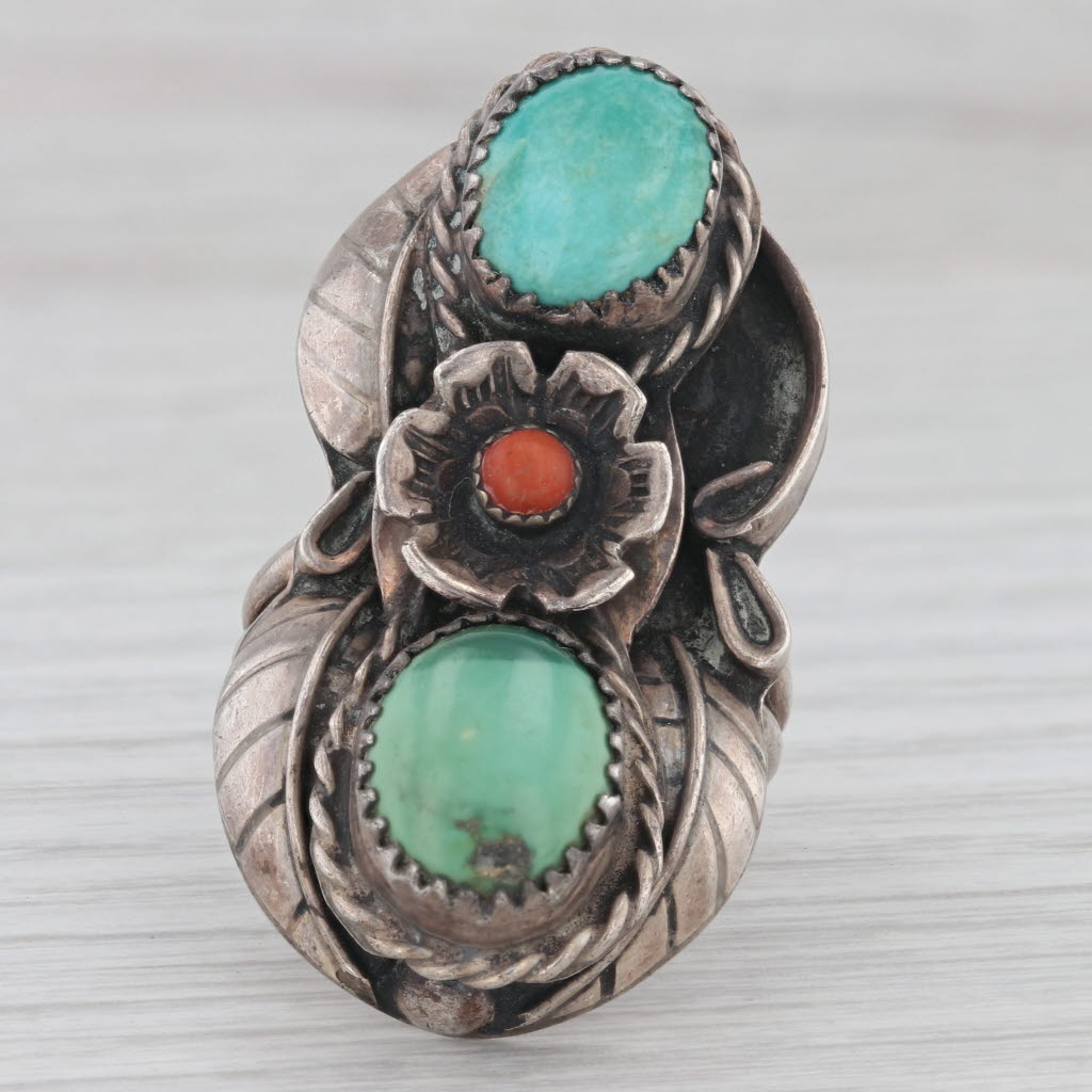 Gray Vintage Native American Turquoise Coral Ring Sterling Silver Sz 8.5 Floral AS IS