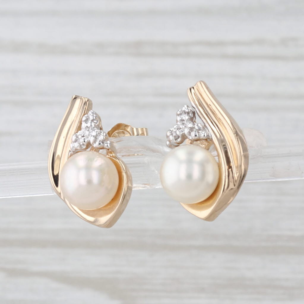 Cultured Pearl Diamond Teardrop Stud Earrings 14k Yellow Gold Studs