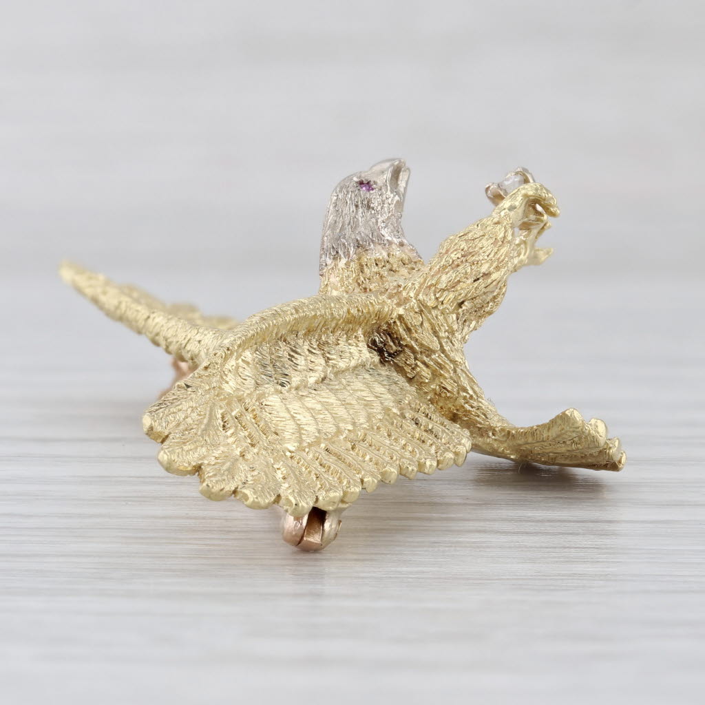 Large Ruby Diamond Eagle Brooch 18k Yellow Gold Statement Pin
