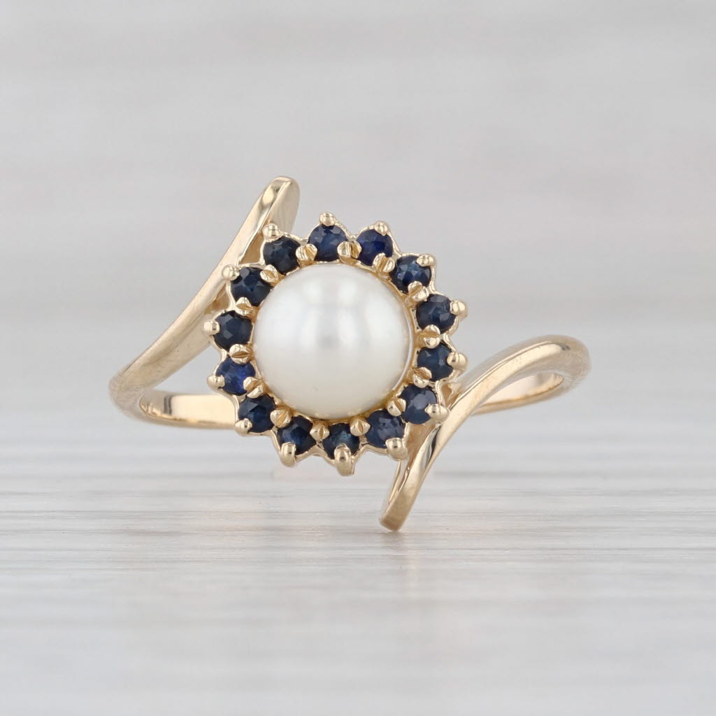 Cultured Pearl Blue Sapphire Halo Bypass Ring 14k Yellow Gold Size 7.25