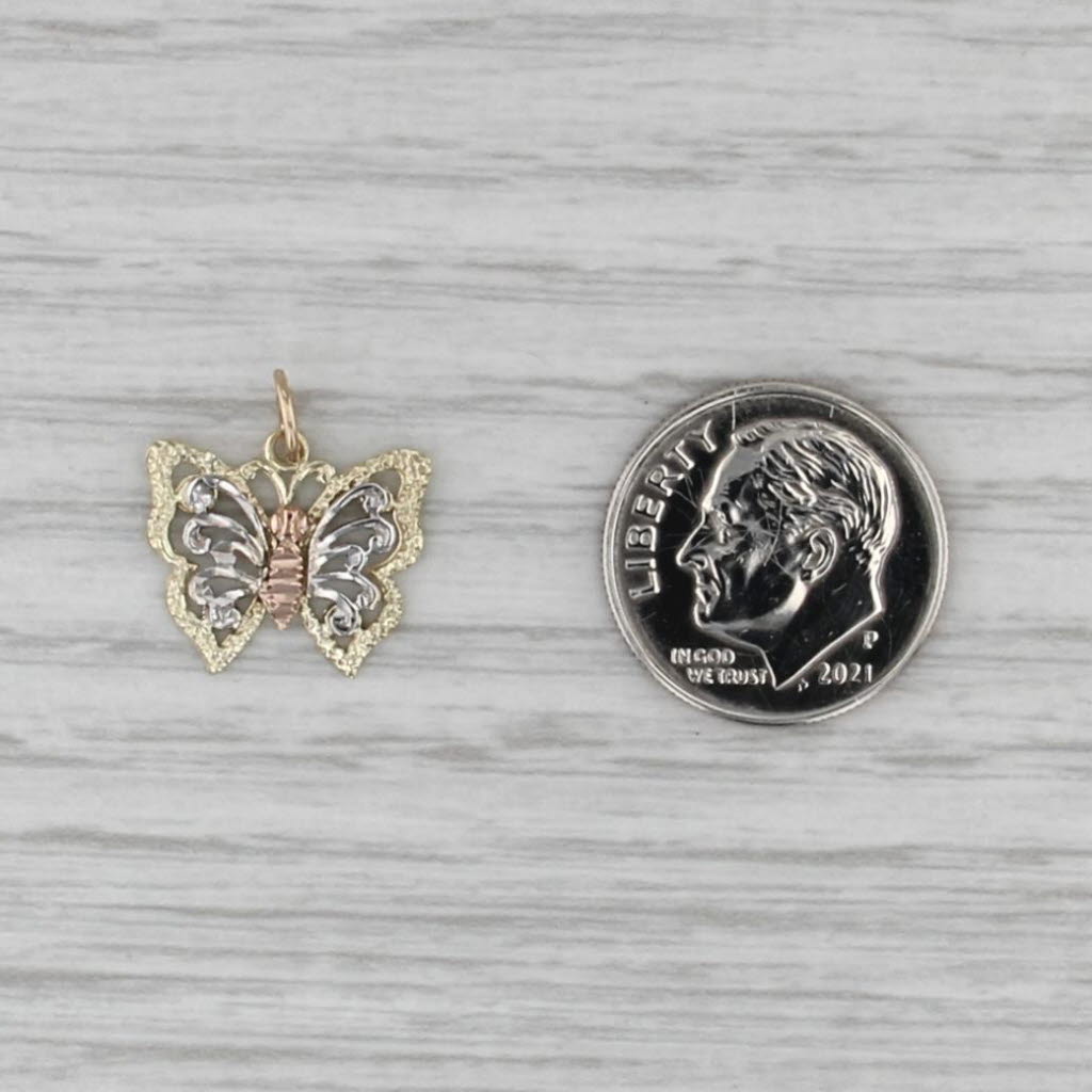 Small Tri-Toned Butterfly Charm 14k Yellow White Rose Gold Pendant