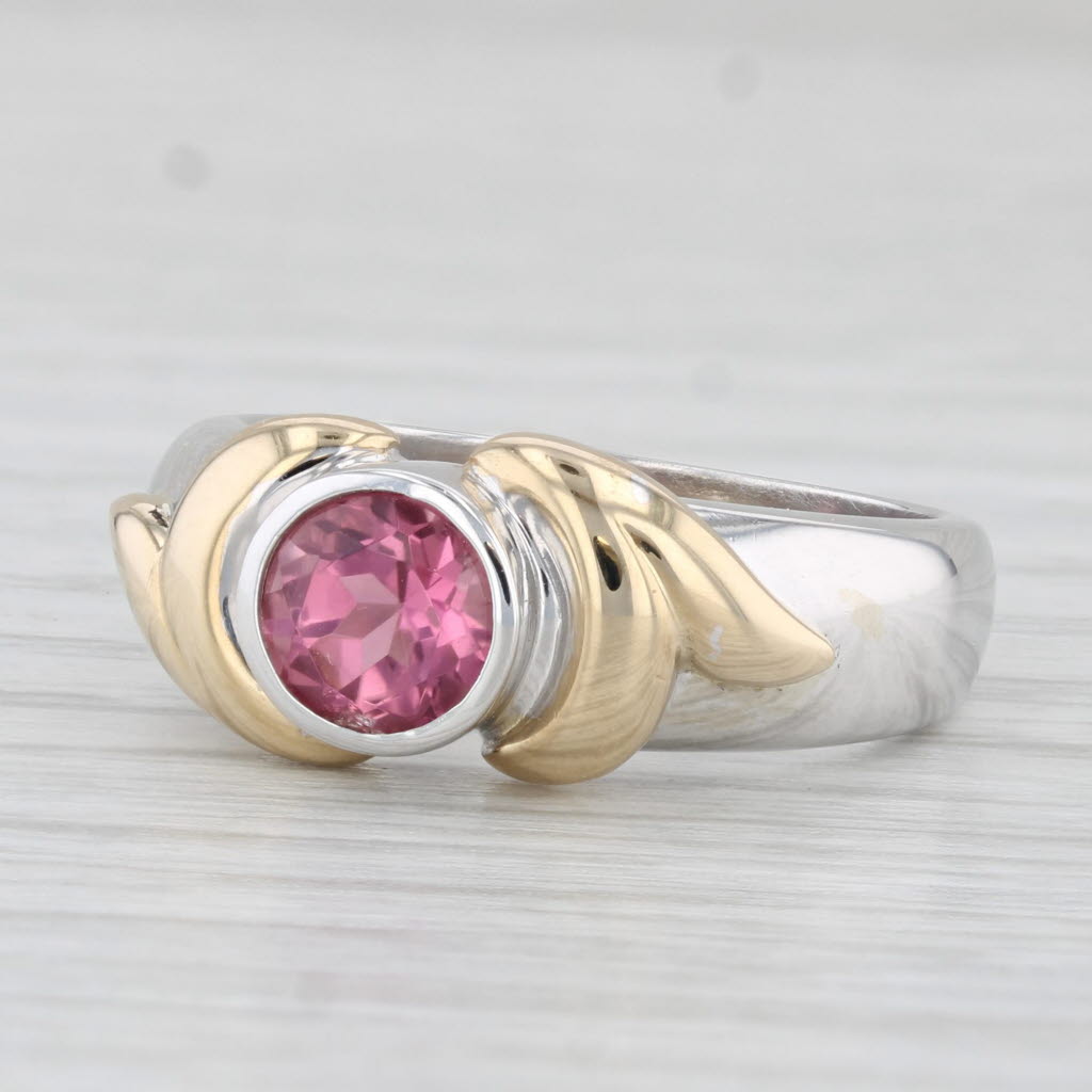 Light Gray 0.88ct Pink Tourmaline Round Solitaire Ring 14k White Yellow Gold AS IS Size 6.5