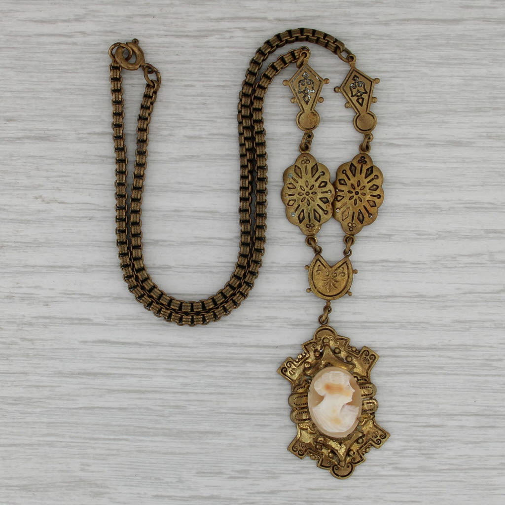 Antique Carved Shell Cameo Lavalier Pendant Necklace Gold Filled 16" Box Chain