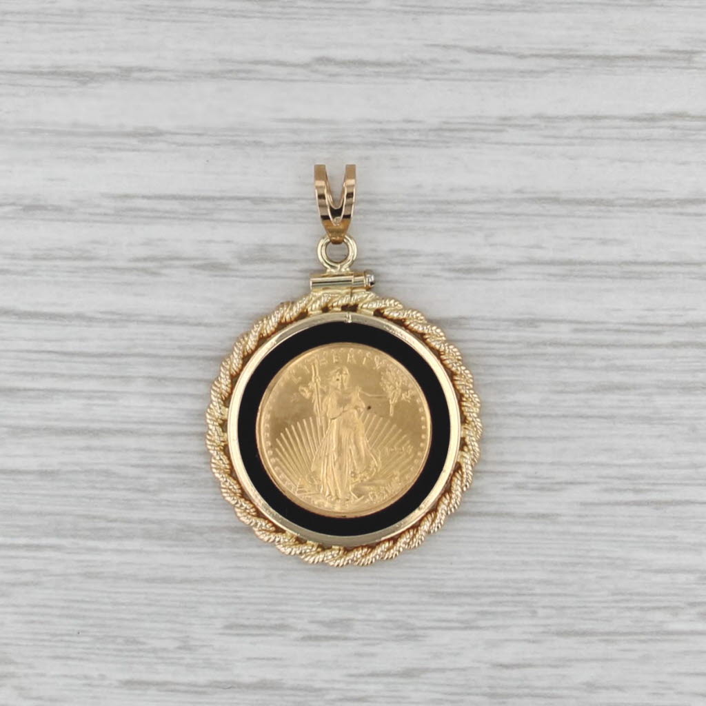 1996 1/10oz American Gold Eagle Coin Pendant 14k 22k Yellow Gold Onyx