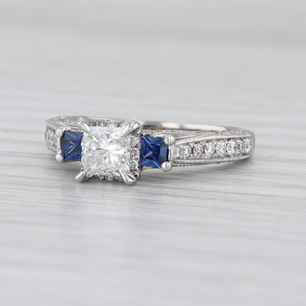 1.33ctw Princess Diamond Blue Sapphire Engagement Ring 14k White Gold Size 7.5