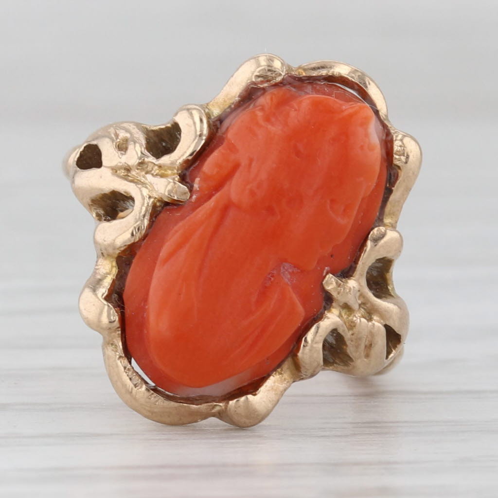 Light Gray Antique Carved Coral Cameo Ring 10k Yellow Gold Size 3.5