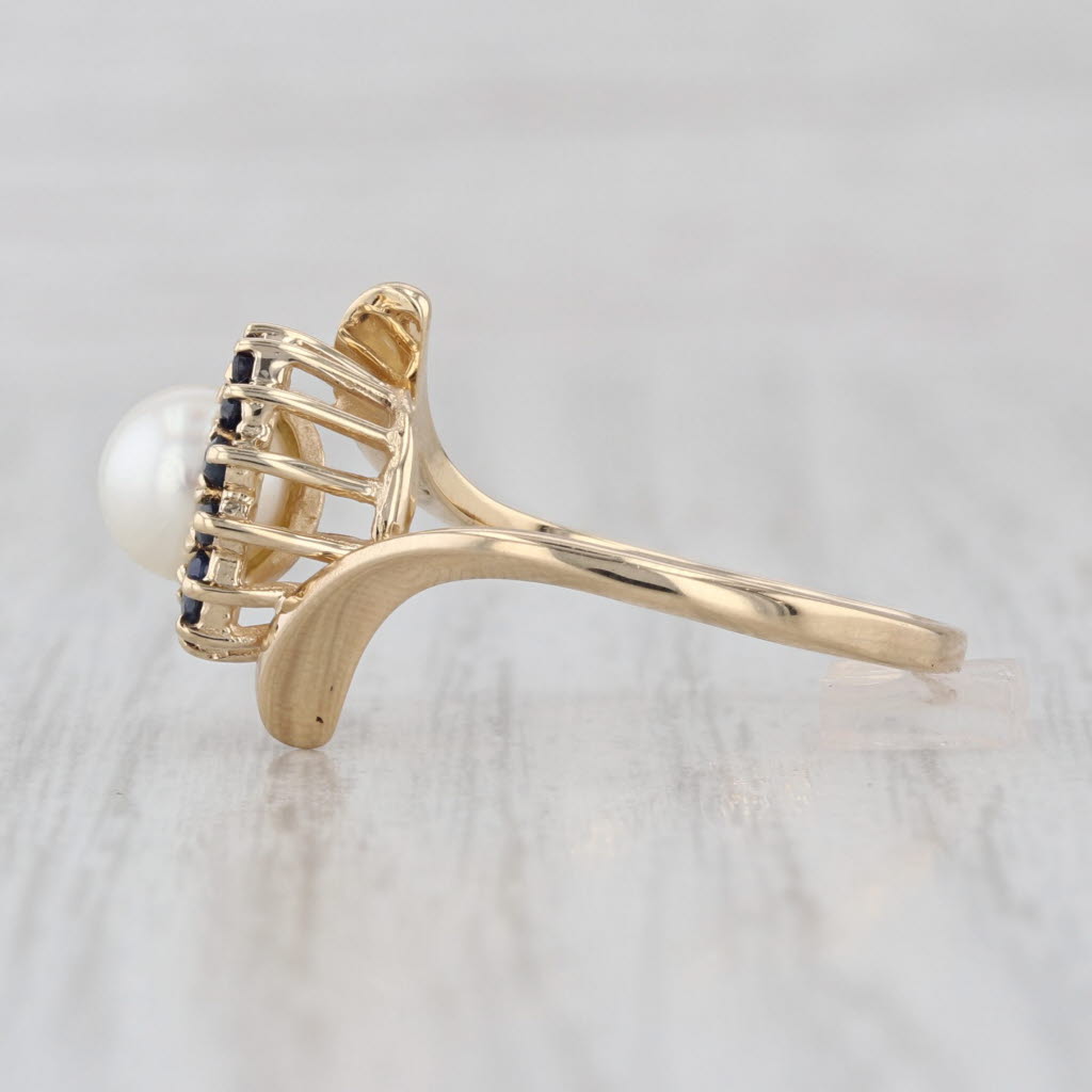 Cultured Pearl Blue Sapphire Halo Bypass Ring 14k Yellow Gold Size 7.25