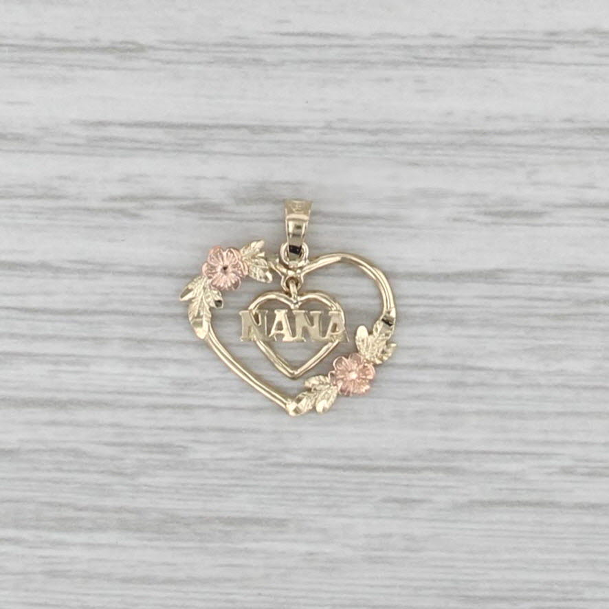 Nana Floral Heart Pendant 10k Yellow Rose Gold Grandmother Keepsake Gift
