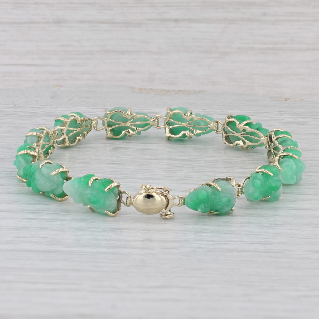 Gray Carved Jadeite Jade Frog Bracelet 14k Yellow Gold 7.5" 8mm