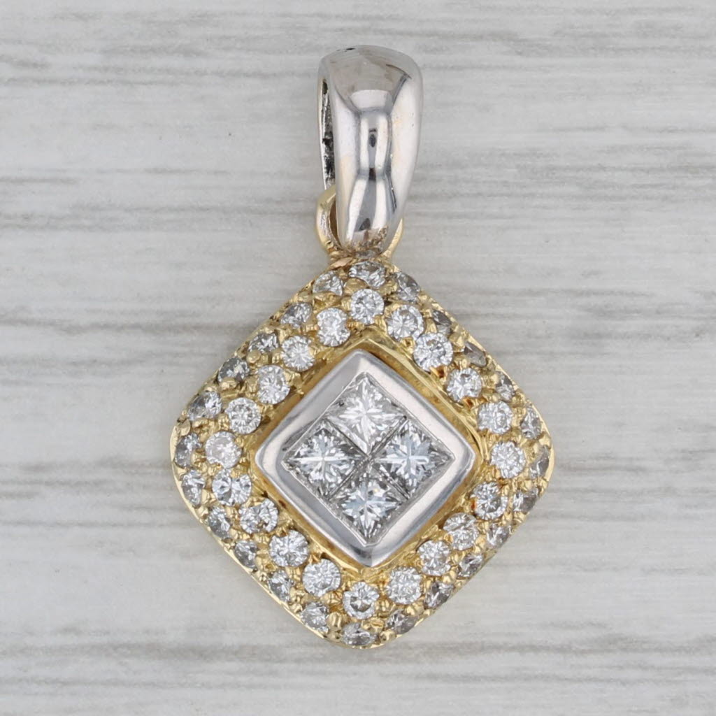 1.01ctw Diamond Princess Halo Pendant 18k Yellow White Gold Small Drop