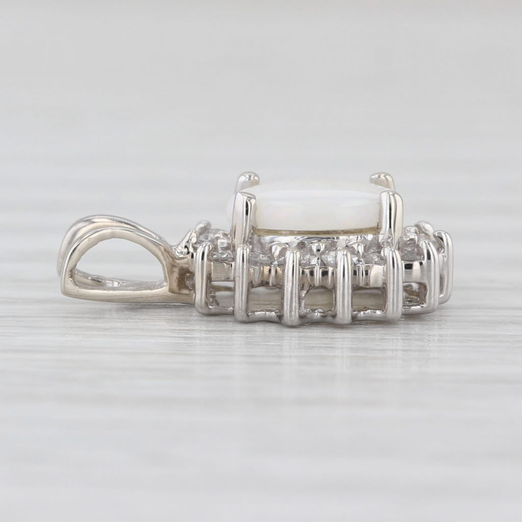 Oval Opal Cabochon Diamond Halo Pendant 14k White Gold Small Drop