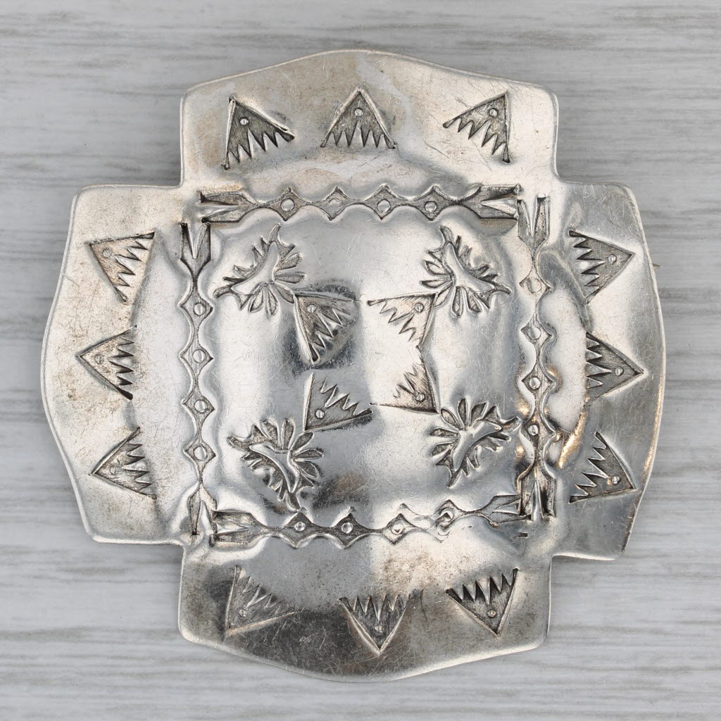 Gray Tische Native American Tribal Stamp Cross Brooch Sterling Silver Vintage Pin