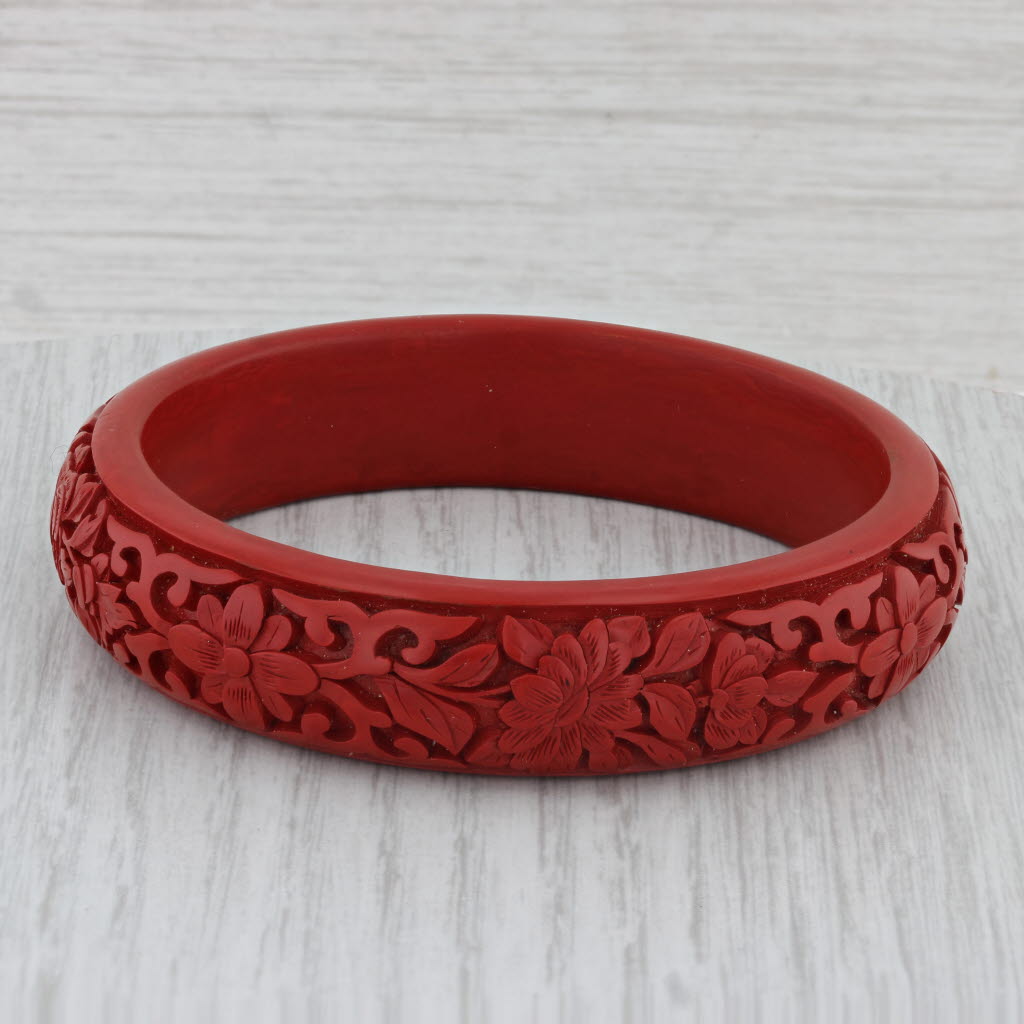 Saddle Brown Red Floral Carved Bangle Bracelet 7.5" 15.6mm