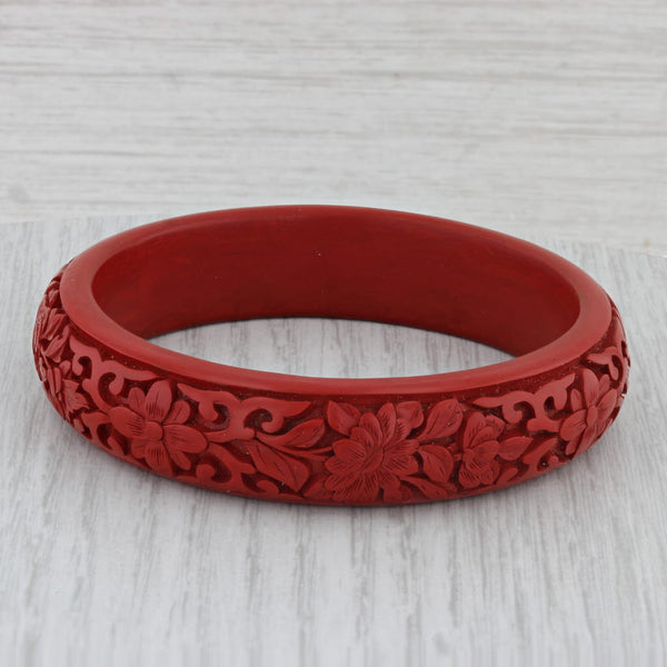 Red Floral Carved Bangle Bracelet 7.5" 15.6mm