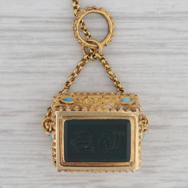 Antique Bloodstone Turquoise Intaglio Treasure Chest Pendant Charm 20k Gold Open