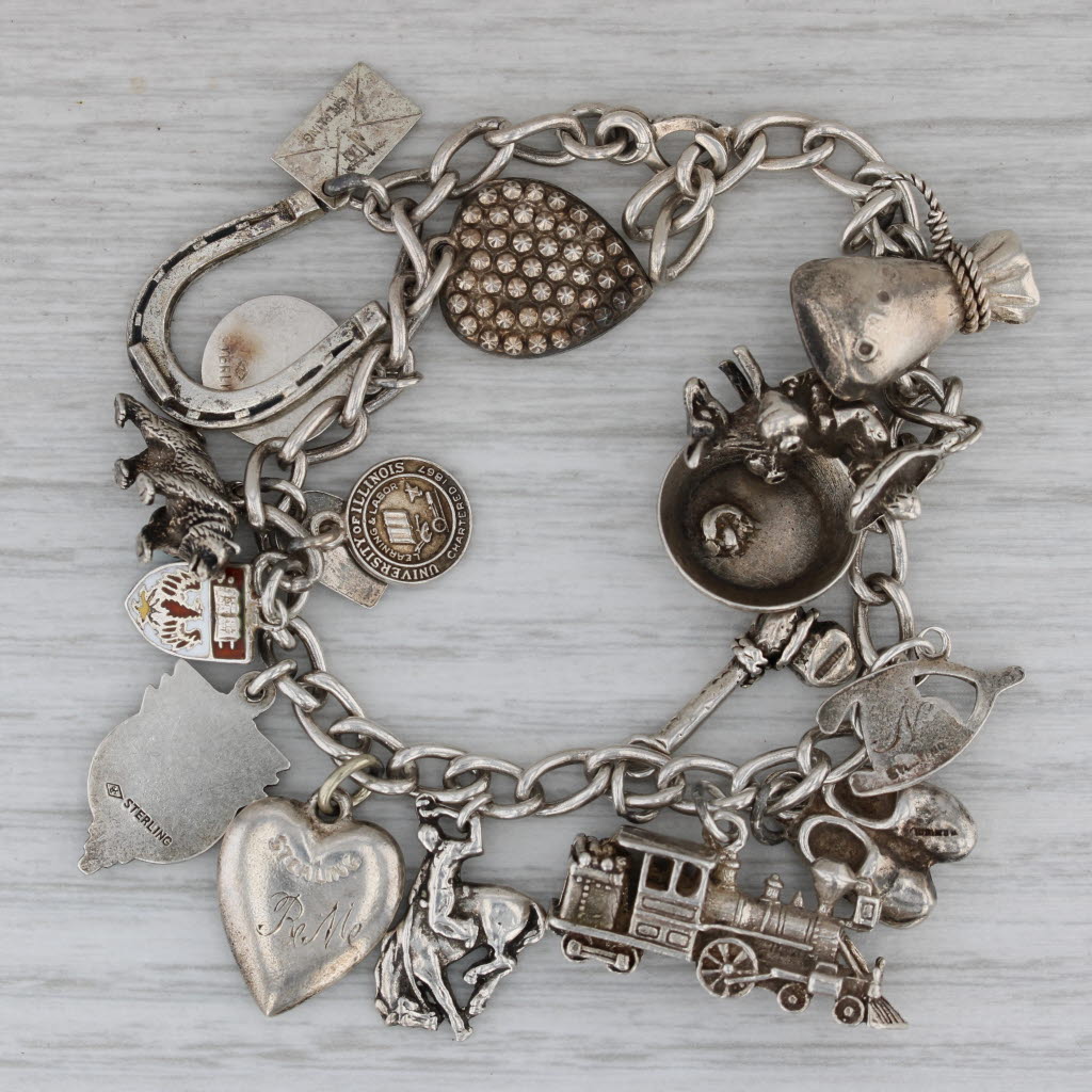 Dark Gray Vintage Mixed Theme Charm Bracelet Sterling Silver 7.25" Train Hearts Travel