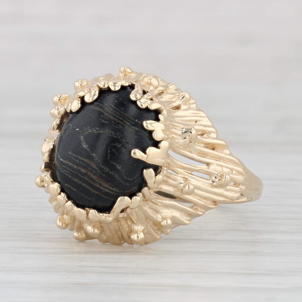 Light Gray Maui Divers Black Coral Ring 14k Yellow Gold Size 7.25 Cabochon Solitaire