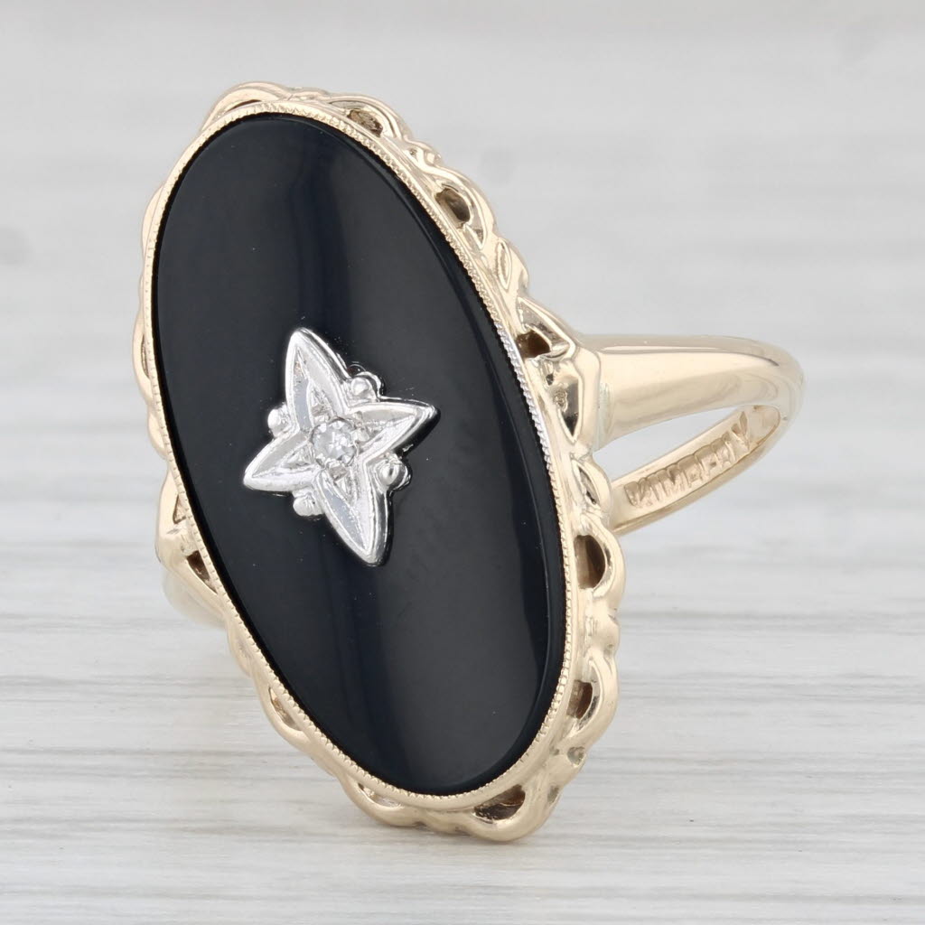 Light Gray Vintage Onyx Diamond Signet Ring 10k Yellow Gold Size 6