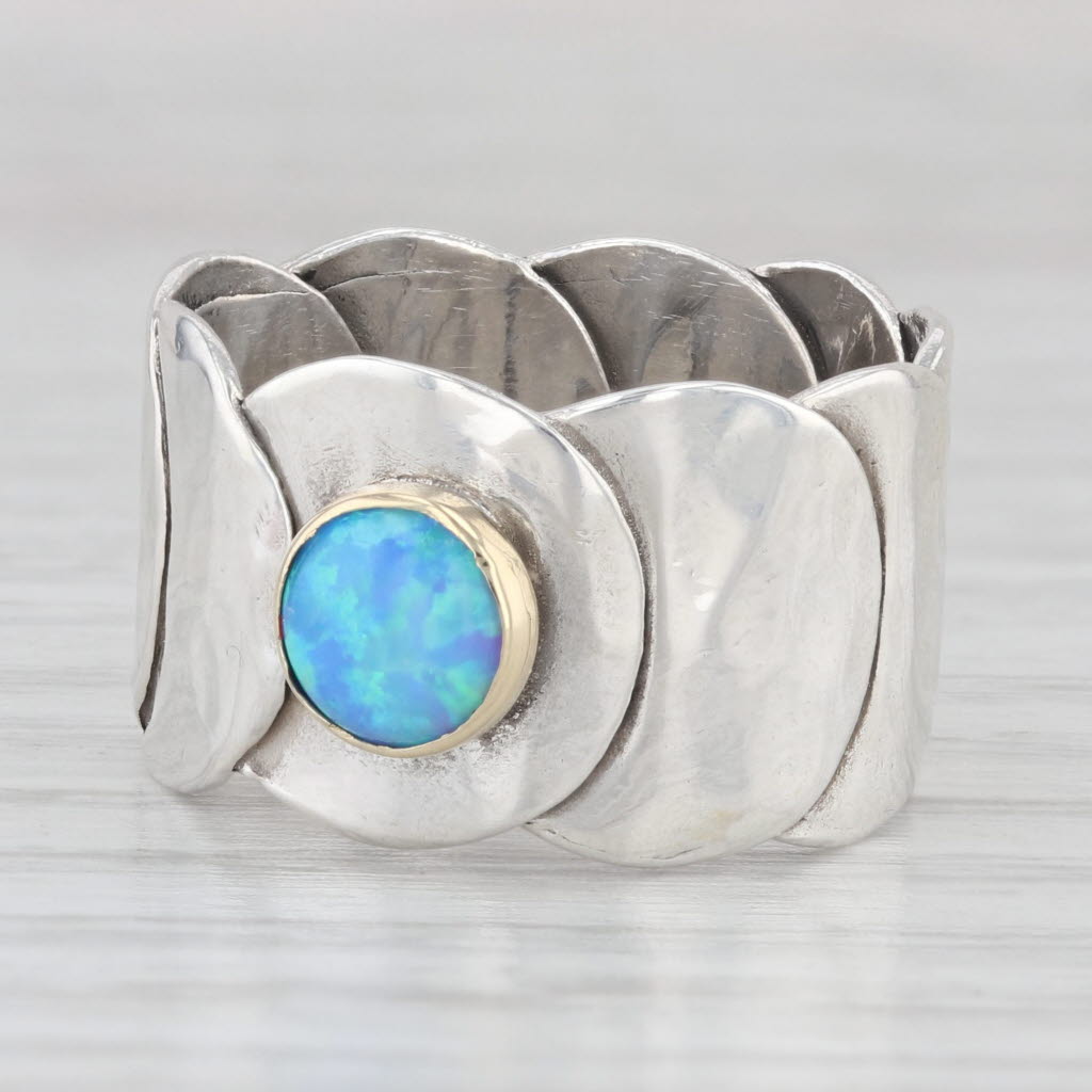 Light Gray Lab Created Blue Opal Statement Ring Sterling Silver 14k Gold Artisan Signed