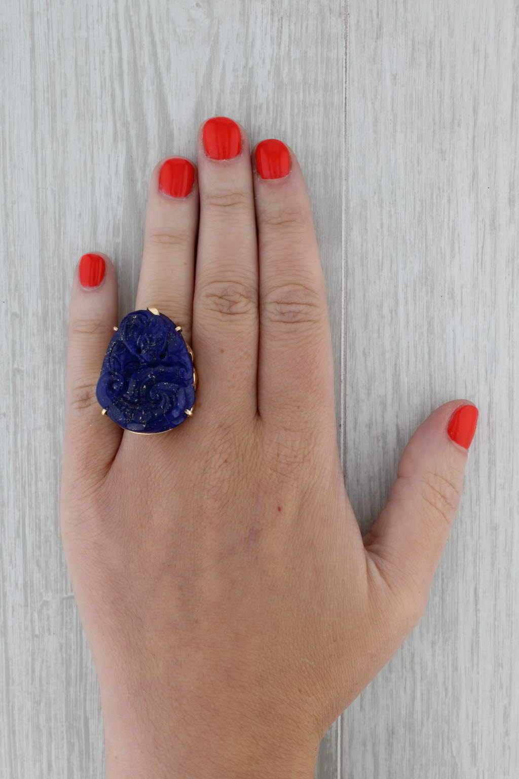 Dark Gray Figural Carved Lapis Lazuli Ring 14k Gold Thai Fire god Asian deity Size 7.5