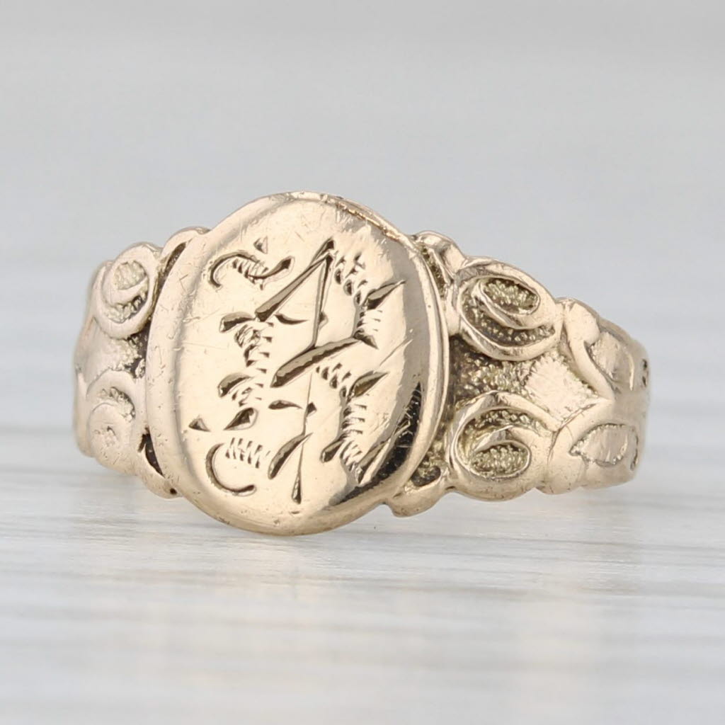 Light Gray Old English Letter Initial B Ring 14k Yellow Gold Small Baby Size Signet
