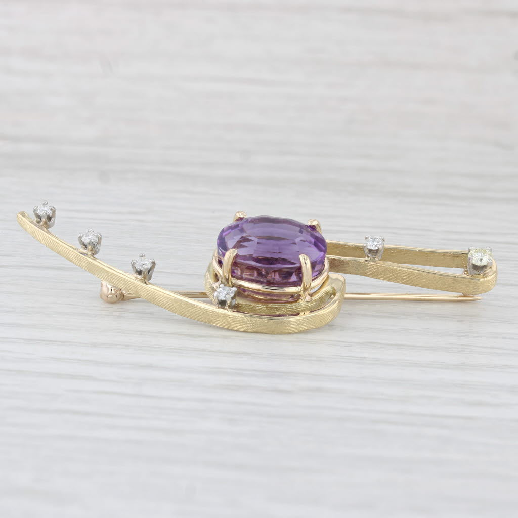 Light Gray 4.15ctw Amethyst Diamond Brooch 18k Yellow Gold Vintage Statement Pin