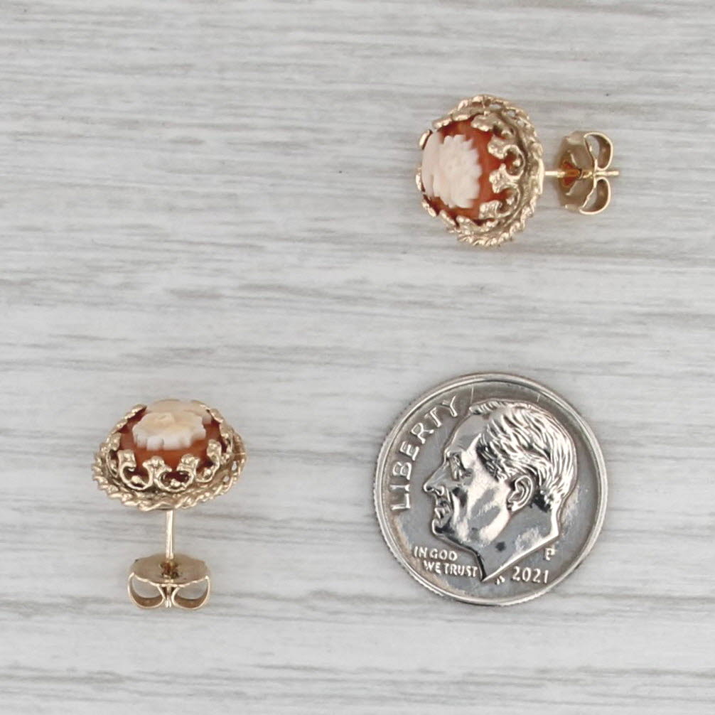 Vintage Carved Shell Cameo Stud Earrings 14k Yellow old Ornate Figural Studs