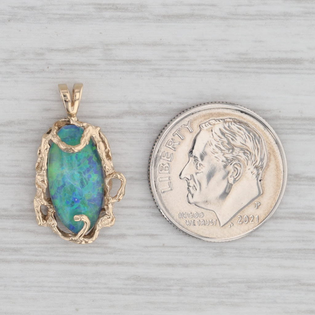 Gray Blue Green Opal Pendant 14k Yellow Gold Abstract Gothic Frame