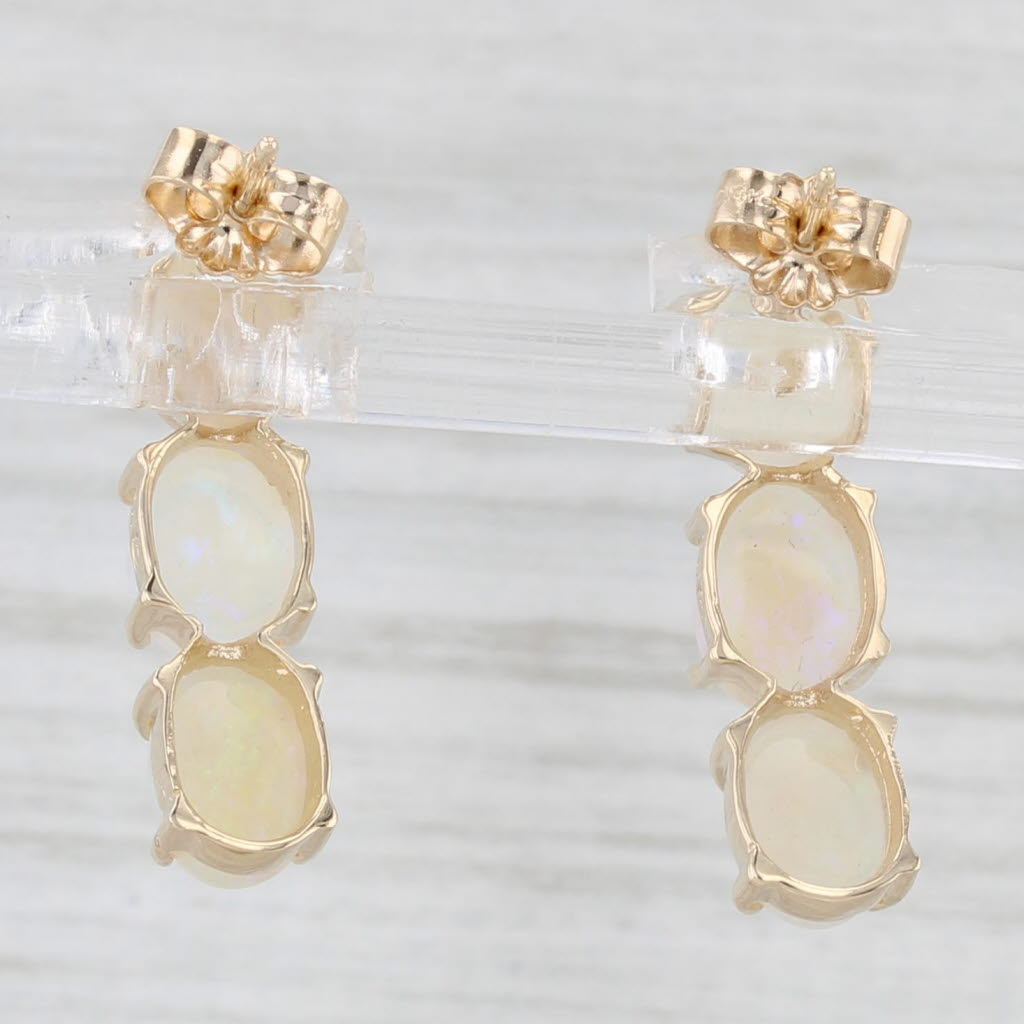 Light Gray Opal 3-Stone Journey Drop Earrings 14k Yellow Gold Oval Cabochons