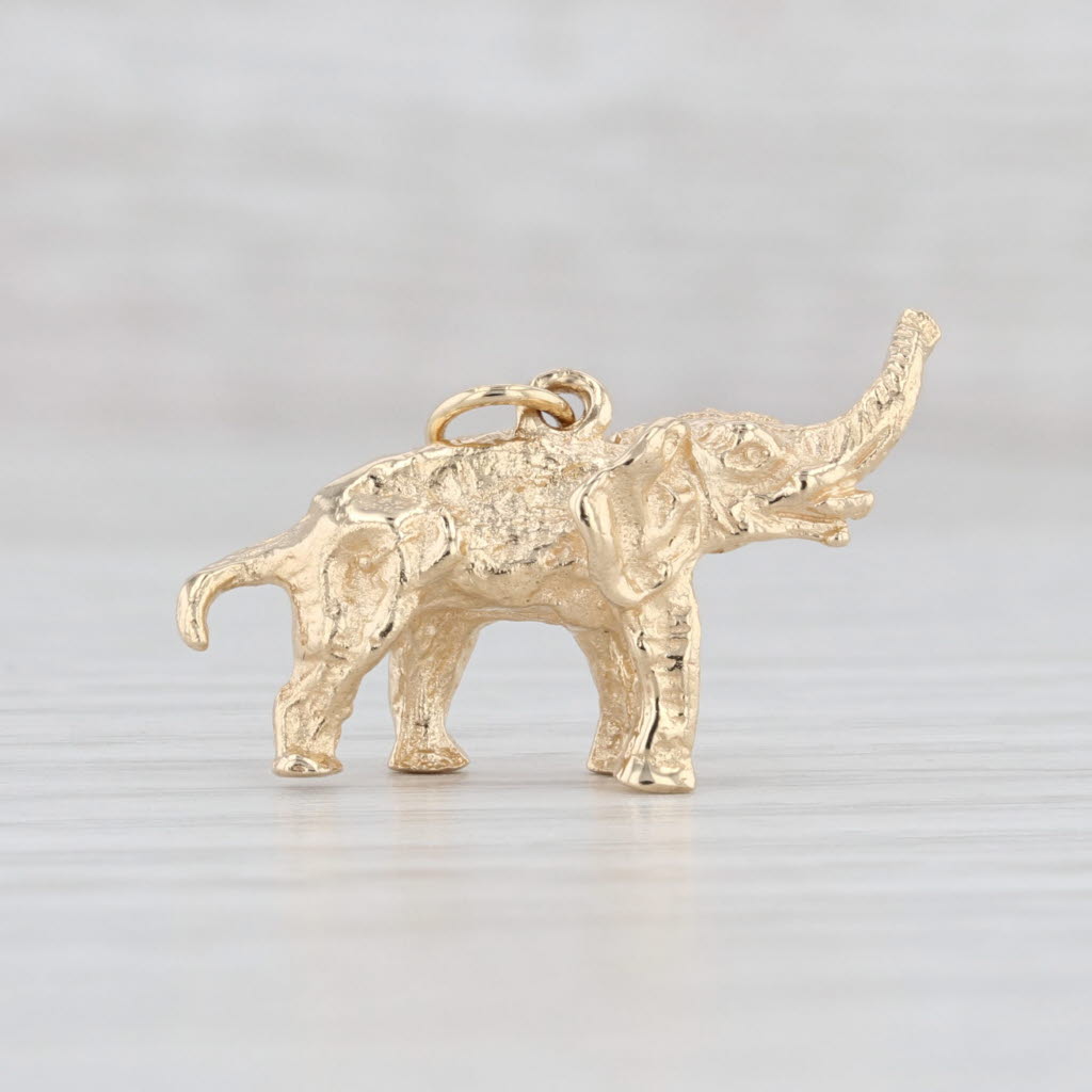 Light Gray Elephant Raised Trunk Charm 14k Yellow Gold Small Drop Good Luck Animal Jewelry