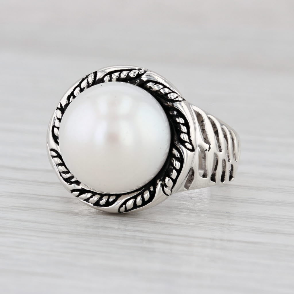 12.8mm Cultured Pearl Solitaire Ring Sterling Silver Size 8 Artsian Signed