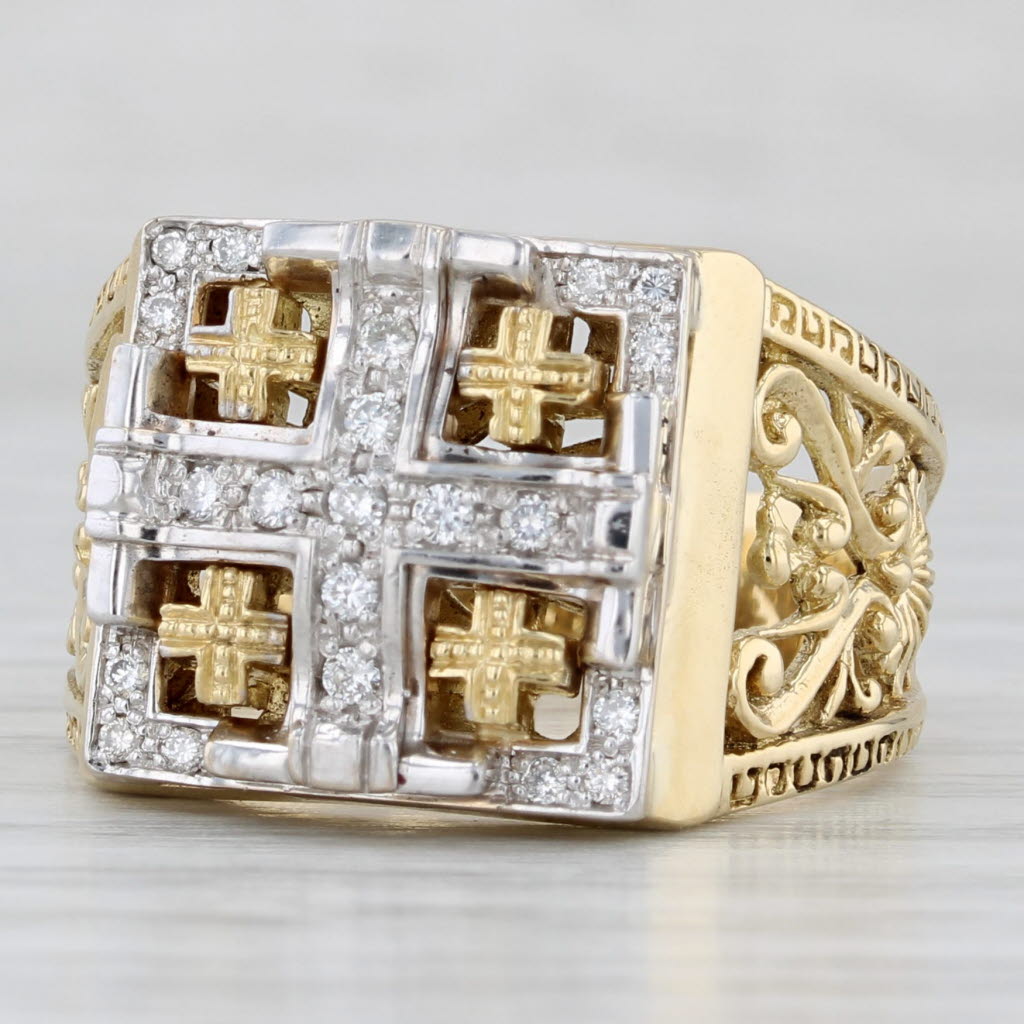 Light Gray 0.20ctw Diamond Jerusalem Cross Ornate Ring 18k White Yellow Gold Size 11