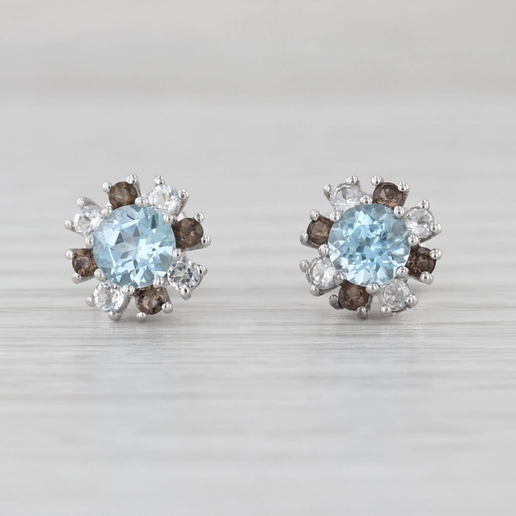 1.54ctw Blue White Topaz Halo Stud Earrings 14k White Gold Studs