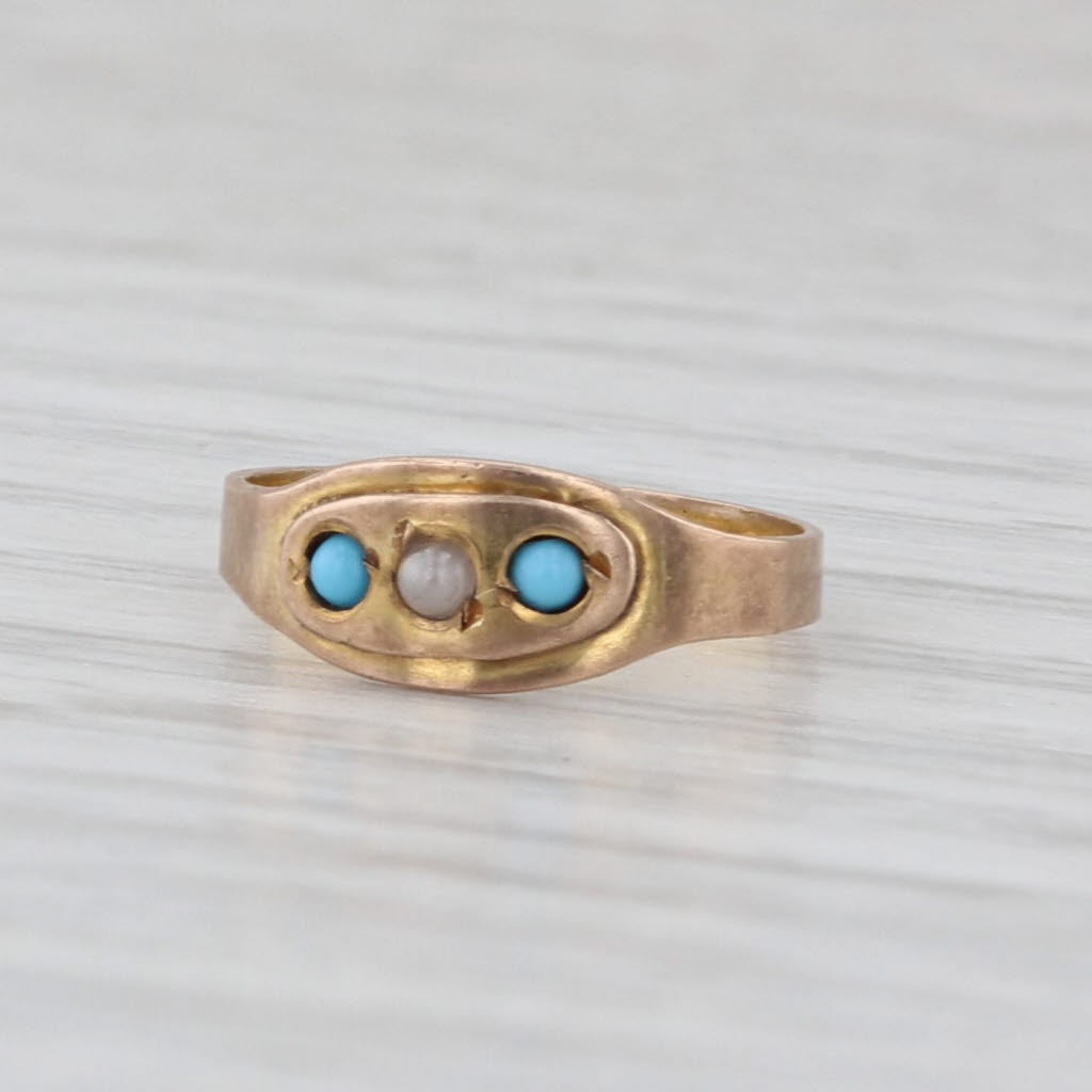 Antique Simulated Turquoise Glass Baby Ring 8k Yellow Gold Small Size
