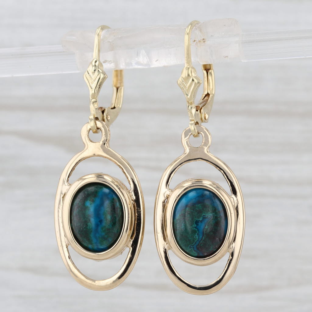 Blue Green Eilat Stone Dangle Earrings 14k Yellow Gold Lever Backs