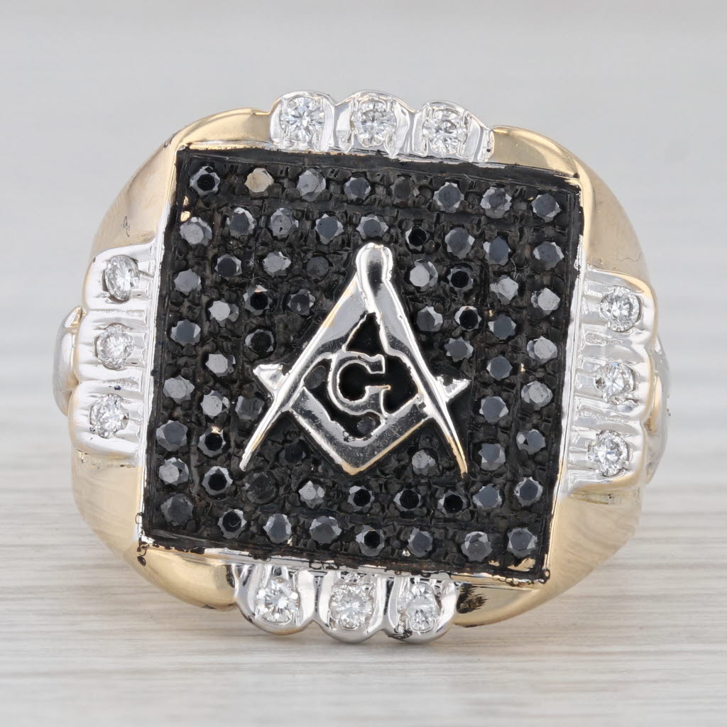 Gray 0.62ctw Black White Diamond Masonic Ring 18k Gold Square Compass Blue Lodge